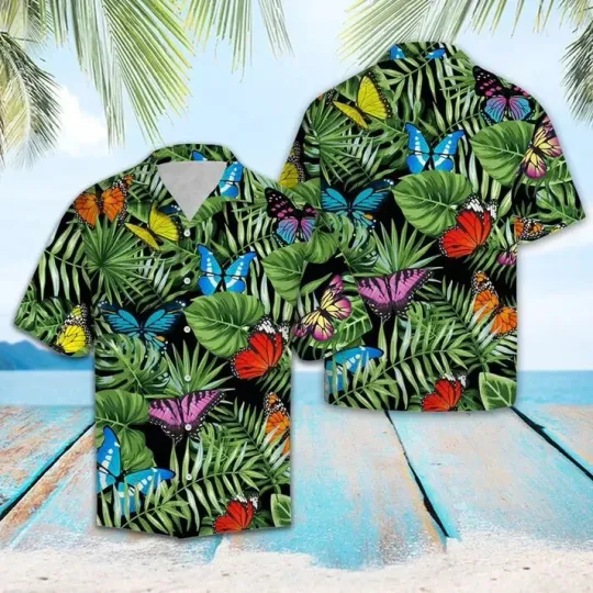 Butterfly And Green Tropical Leave Hawaiian Button Down Shirt