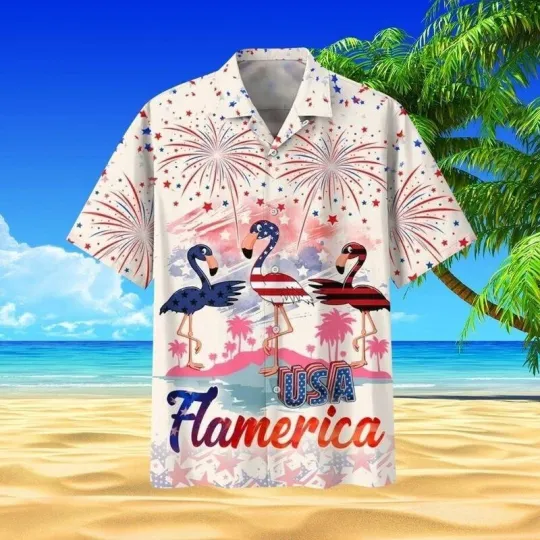 Discover Flamingo 4th of July Hawaiian Button Down Shirt