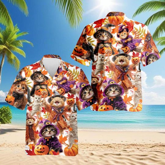 Discover Halloween Cats Hawaiian Shirt, Spooky Tropical Aloha Shirt, Unisex Costume Party Shirt