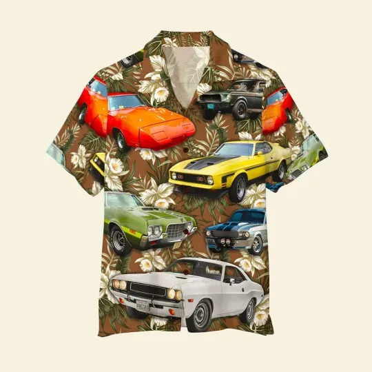 Discover Muscle Car Hawaiian Button Down Shirt Unisex Adult S-5XL