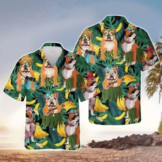 Discover Bulldog Leaves Hawaiian Button Down Shirt Unisex Adult S-5XL