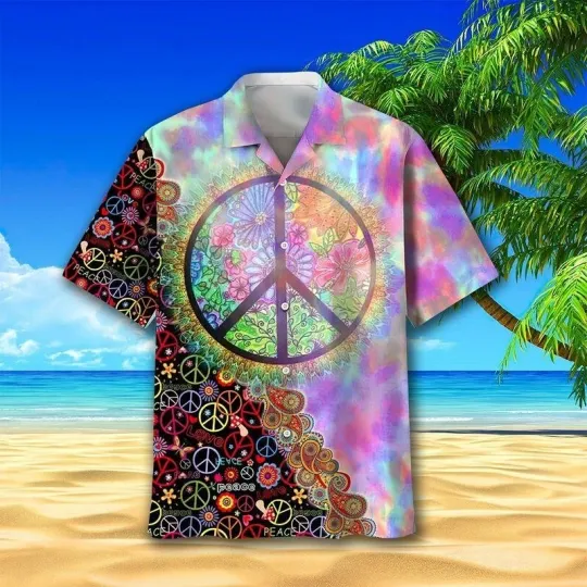 Discover Hippie Peace Hawaiian Button Down Shirt Unisex Adult S-5XL