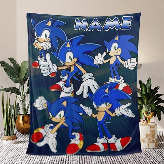 Discover Custom Sonic The Hedgehog Blanket, Personalized Cartoon Hedgehog Minky Sherpa Blanket, Custom Name Blanket, Birthday Blanket