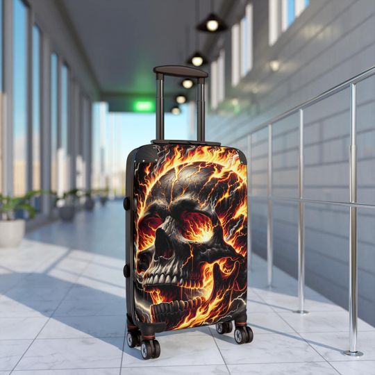 Discover Skull Flame Suitcase, Gothic Travel Bag, Skeleton Luggage