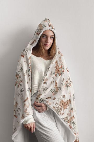 Discover CUTE ANIMALS Hooded Snuggle Blanket, COTTAGECORE Lounge Blanket, Squirrel Blanket, Forest Friends Lounge Blanket, Wildlife Wearable Blanket