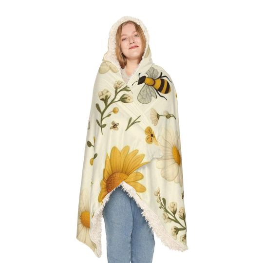 Discover Cozy Floral Snuggle Blanket, Soft Hoodie Blanket, Warm Throw, Perfect Gift for Home, Bee and Daisy Design, Spring Decor
