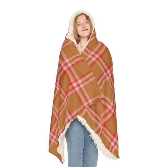 Hooded Blanket, Cozy Plaid Snuggle Wrap, Orange & Pink, Housewarming Gift, Dorm Room Decor, Back-to-School Essentials, Wearable Throw