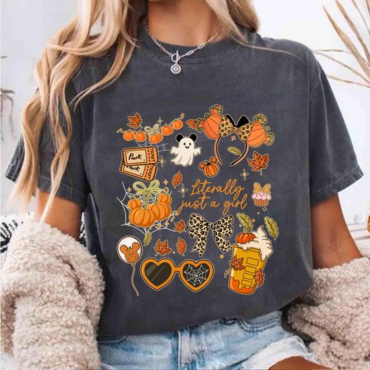 Discover Disney Literally Just A Girl Halloween Shirt, Disney Minnie Bow Coffee Fall Pumpkins Tee, Disneyland Halloween 2025 Trip shirt, Autumn Vibes