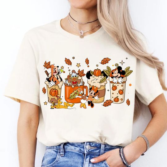 Discover Disney Mickey Minnie Coffee Cup Shirt, Pumpkin Spice Shirt, Disney Autumn Gift, Disneyland Halloween Matching, Autumn Leaves Shirt