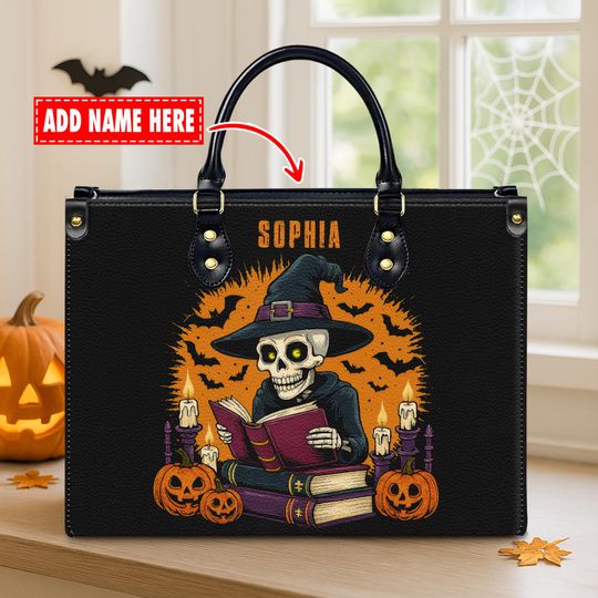 Personalized Halloween Handbag: Skeleton Witch Pumpkin Faux Leather Bag