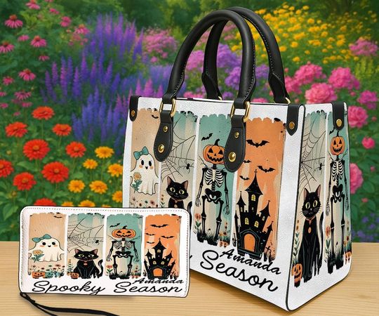 Discover Personalized Spooky Season Handbag & Wallet, Ghost Pumpkin Skeleton Black Cat Purse, Custom Name Leather Bag, Gothic Tote, Halloween Gift