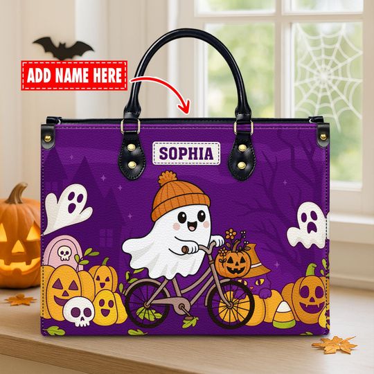 Discover Personalized Halloween Handbag: Spooky Ghost & Pumpkin Faux Leather Bag