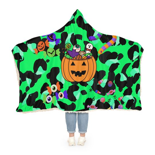 Halloween Pumpkin Candy Sherpa Snuggle Blanket Hoodie, Wearable Snuggie Hoodie, Halloween Costume Hooded Blanket, Gift for Her, Gift For Him