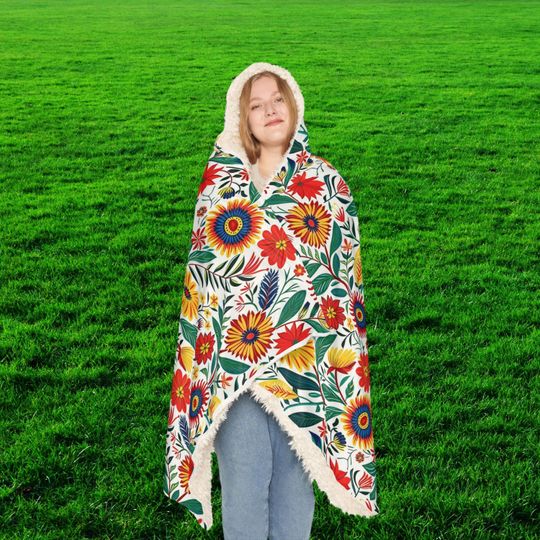 Discover Vibrant Floral Snuggle Blanket, Cozy Throw, Hooded Blanket, Outdoor Blanket, Gift for Her, Colorful Home Decor