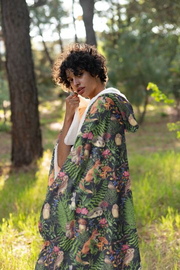 WHIMSICAL WOODLAND Hooded Snuggle Blanket, COTTAGECORE Lounge Blanket with Forest Animals Fox Owl Hedgehog Rabbit Squirrel Mushrooms & Fern