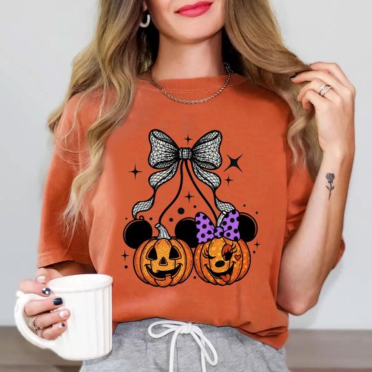 Discover Cherries Pumpkin Mickey Minnie Pumpkin Shirt, Coquette Lace Bow Shirt, Disney Halloween Tee, Disney Girl Halloween Trip 2025