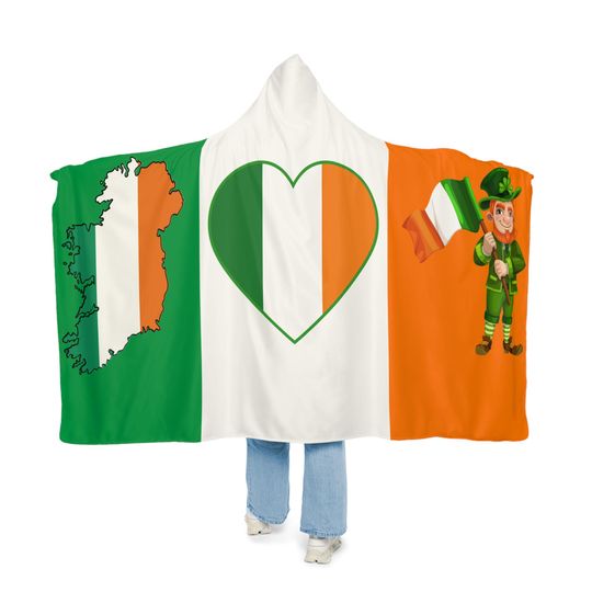 Ireland Flag Snuggle Blanket Hoodie, Sherpa Hooded Blanket, Fleece Hooded Blanket, Custom Blanket Gift, Travel Blanket