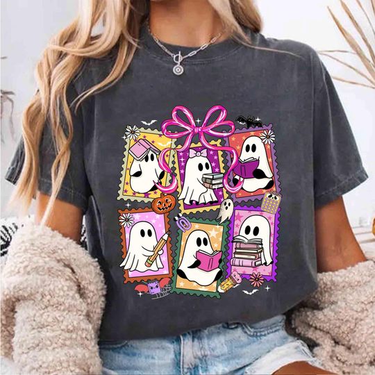 Discover Cute Ghost Reading Book Stamp Halloween Shirt, Ghost Reading Book Girly Shirt, Girly Halloween Gift, Trendy Halloween Gift Coquette Bow Png