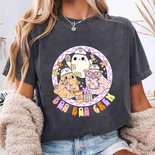 Discover Neon Boo Crew Halloween Ghost Shirt, Checkered Circle Tee