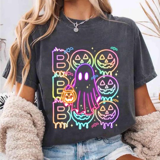 Discover Halloween Neon Ghost T-Shirt, Boo Girls Tee