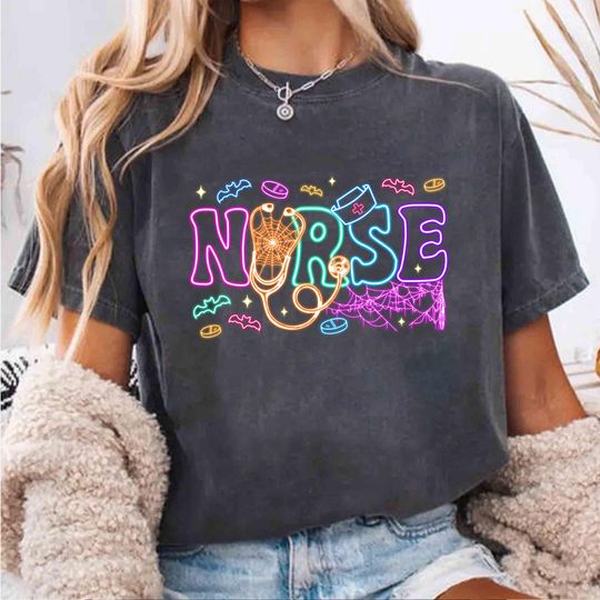 Discover Neon Ghost Nurse Shirt, Halloween Boo Crew T-Shirt