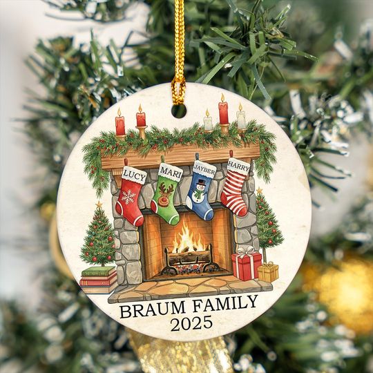 Personalized Family Christmas Ornament, Custom Fireplace Stockings Ornament with Names