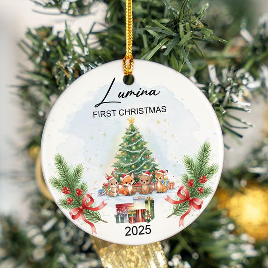 Discover Custom Baby's First Christmas Ornament, Crystal Glass or Ceramic, Personalized 2025 Xmas Gift