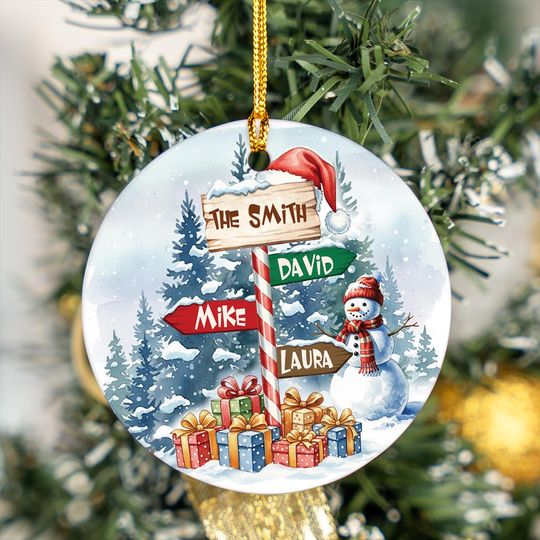 Discover Custom Family Name Ornament, Christmas 2025, North Pole, Xmas Tree Ornament