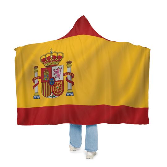 Spain Flag Snuggle Blanket Hoodie, Sherpa Hooded Blanket, Fleece Hooded Blanket, Custom Blanket Gift, Travel Blanket, Blanket Hoodie