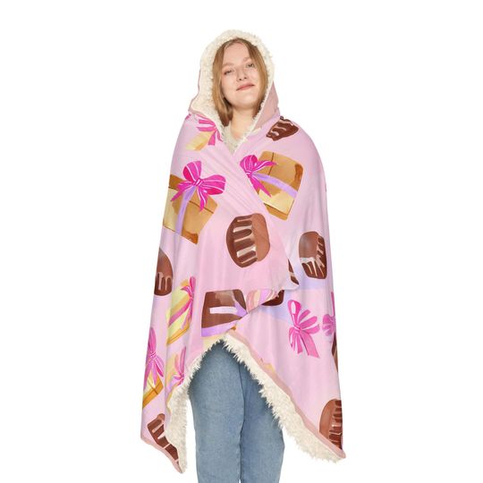 Cozy Gift Box Snuggle Blanket Hoodie Pink with Chocolates and Bows Warm Sherpa or Fleece Blanket Perfect for Christmas or Birthday Gifts