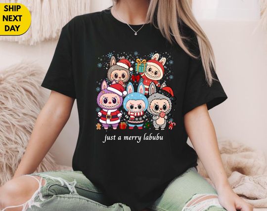 Discover Labubu Christmas tee,Just a Merry Labubu Tee,Holiday Cartoon Graphic shirt,Xmas Gift Outfit,Labubu Christmas Graphic,Funny Xmas Party Outfit