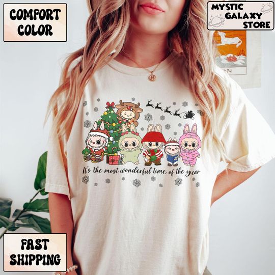 Discover Comfort Colors Labubu It's The Most Wonderful Time Of The Year T-Shirt, Christmas Santa Claus Labubu Tee, Labubu And Friends Gift For Fans
