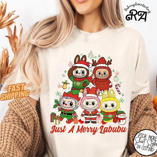 Discover Just A Merry Labubu Christmas Sweatshirt, Cute Holiday Pullover, Funny Labubu Character Sweater, Cozy Xmas Graphic Top, Kawaii Gift