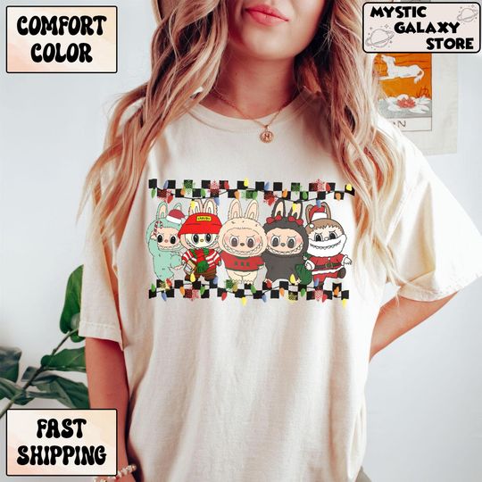 Discover Labubu Monsters Merry Christmas T-Shirt, Christmas Santa Claus Labubu Checkered Tee, Labubu And Friends Gift For Kids