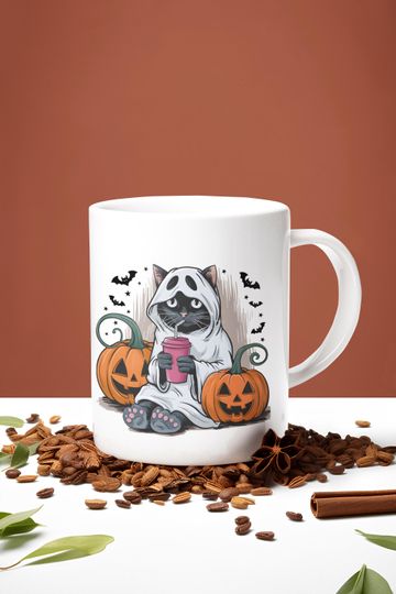 Ceramic Mug, Halloween Cat Ghost Coffee Cup, Cute Spooky Drinkware