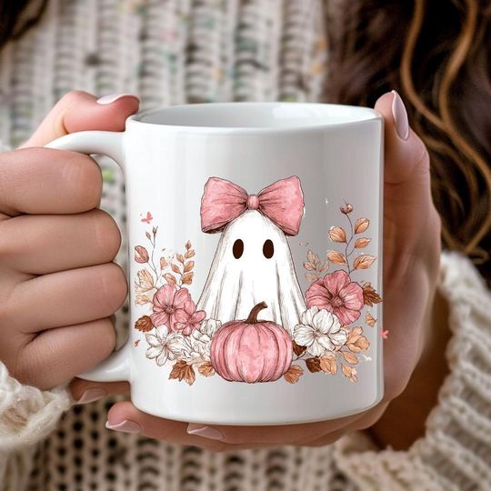 Ghost Ceramic Mug, Halloween Coffee Cup, Cute Spooky Tea Mug, Bow Tie Pumpkin Mug
