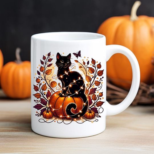 Discover Black Cat Halloween Ceramic Mug, Cute Pumpkin Coffee Cup