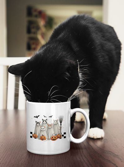 Cute Ghost Black Cats Halloween Mug, Ghost Cat Halloween Mug