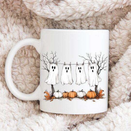 Discover Halloween Ghosts Ceramic Mug, Spooky Cute Coffee Cup, Fall Pumpkin Tea Mug