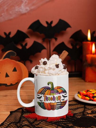 Discover Halloween Pumpkin Mug, Back to School Teacher Fall Patchwork Pumpkin Mug