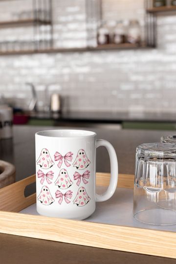 Discover Coquette Halloween Ghost 15 oz Mug, Trick or Treat Coquette Ghost Gift