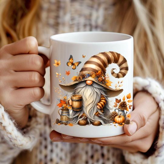 Discover Festive Gnome Mug, Autumn Coffee Cup, Fall Ceramic Mug, Fun Seasonal Tea Mug