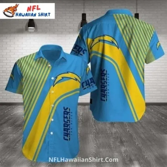 Discover Los Angeles Chagerrs Hawaiian Shirt With Geometric Stripes And Logos, Gift for Fan