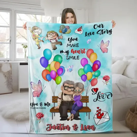 Disney Pixar Up Movie Carl & Ellie Watercolor Coupe Customize Fleece Blanket