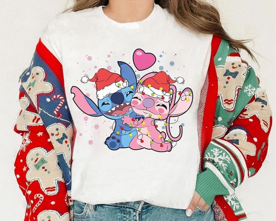 Discover Disney Santa Stitch and Angel Christmas Lights Shirt, Lilo And Stitch Xmas Couple Matching Shirt, Disneyland Christmas Family Matching Tee