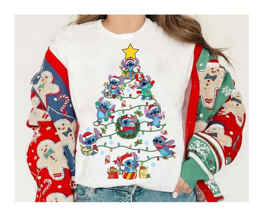 Discover Disney Lilo and Stitch Christmas Lights Tree, Stitch Santa Xmas Christmas Funny Tee, Disneyland Christmas Family Matching Shirts