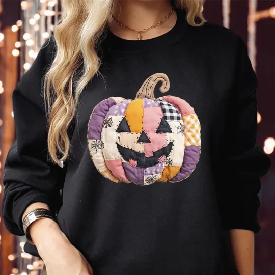 Patchwork Pumpkin Halloween Sweatshirt Trick or Treat Top