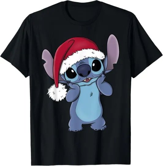 Discover Lilo & Stitch Christmas Santa Hat Stitch Portrait Short Sleeve T-Shirt Black