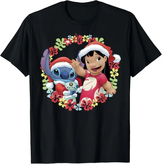 Discover Lilo & Stitch Christmas Hawaiian Flower Wreath T-Shirt