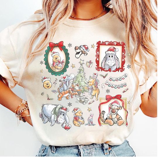 Discover Watercolor Disney Winnie The Pooh Christmas Coquette Bow Shirt Pooh Tigger Eeyore Piglet Christmas Shirt Disneyland Matching